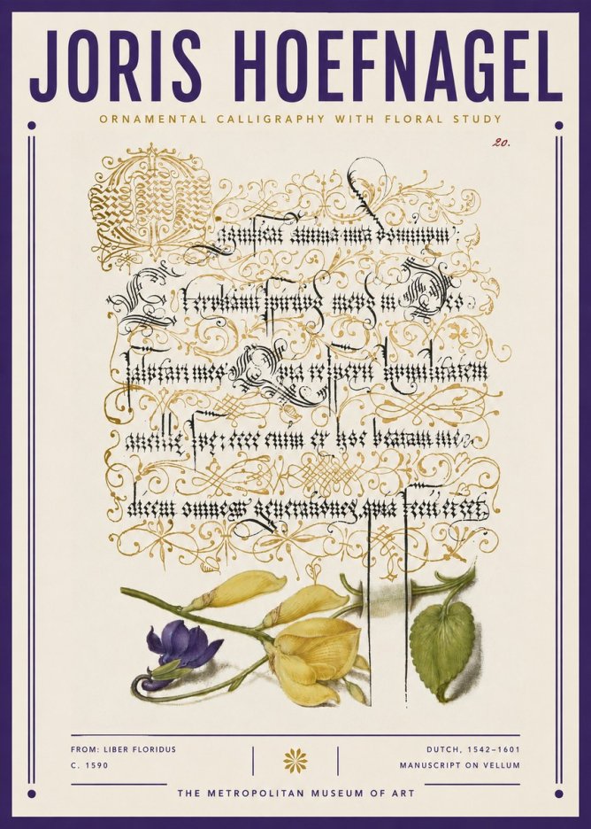 Joris Hoefnagel Ornamental Calligraphy with Floral Study No3 - Poszter