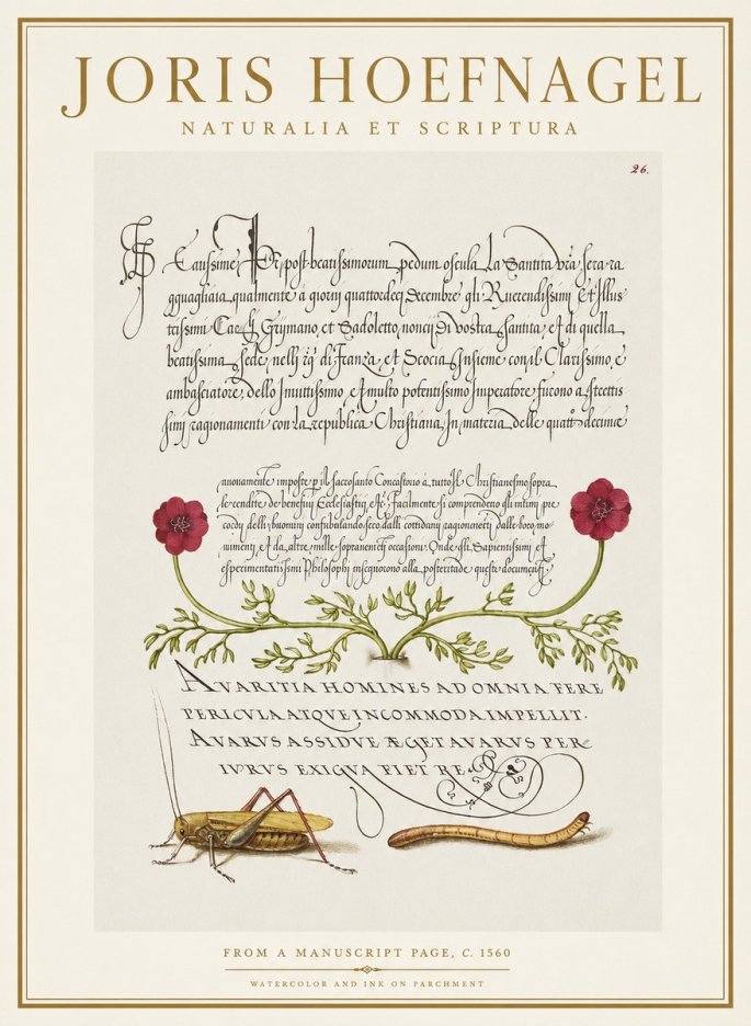 Joris Hoefnagel Illuminated Page with Flowers, Insects & Latin Script No2 - Poszter