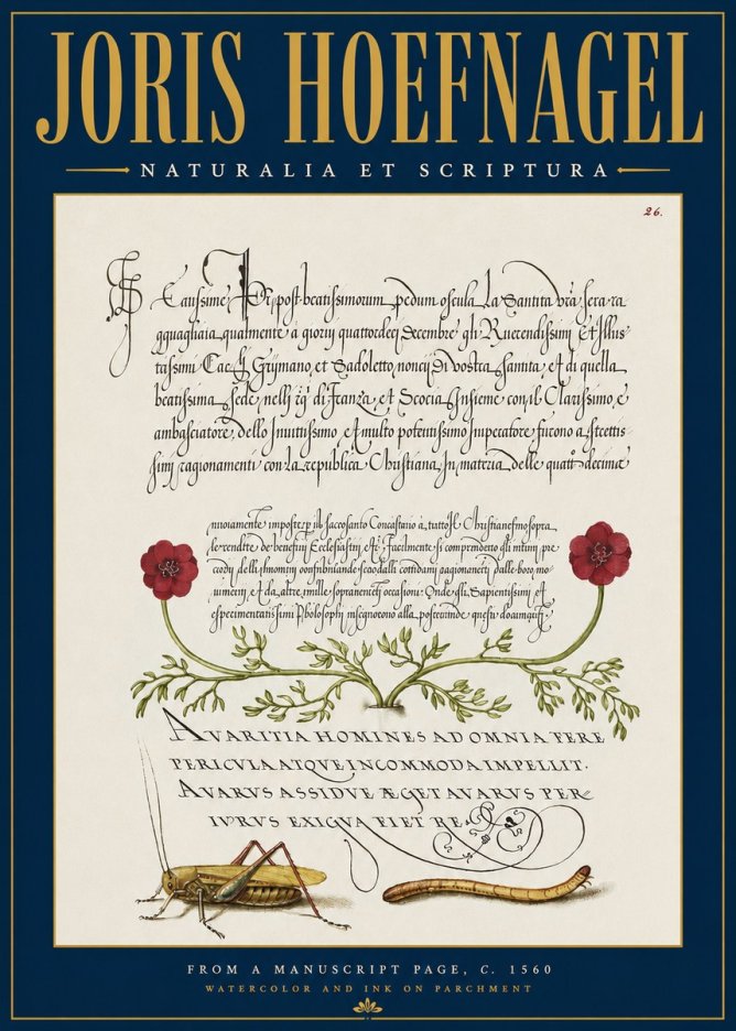 Joris Hoefnagel Illuminated Page with Flowers, Insects & Latin Script No4 - Poszter