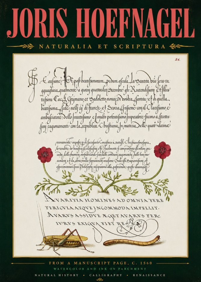 Joris Hoefnagel Illuminated Page with Flowers, Insects & Latin Script No5 - Poszter