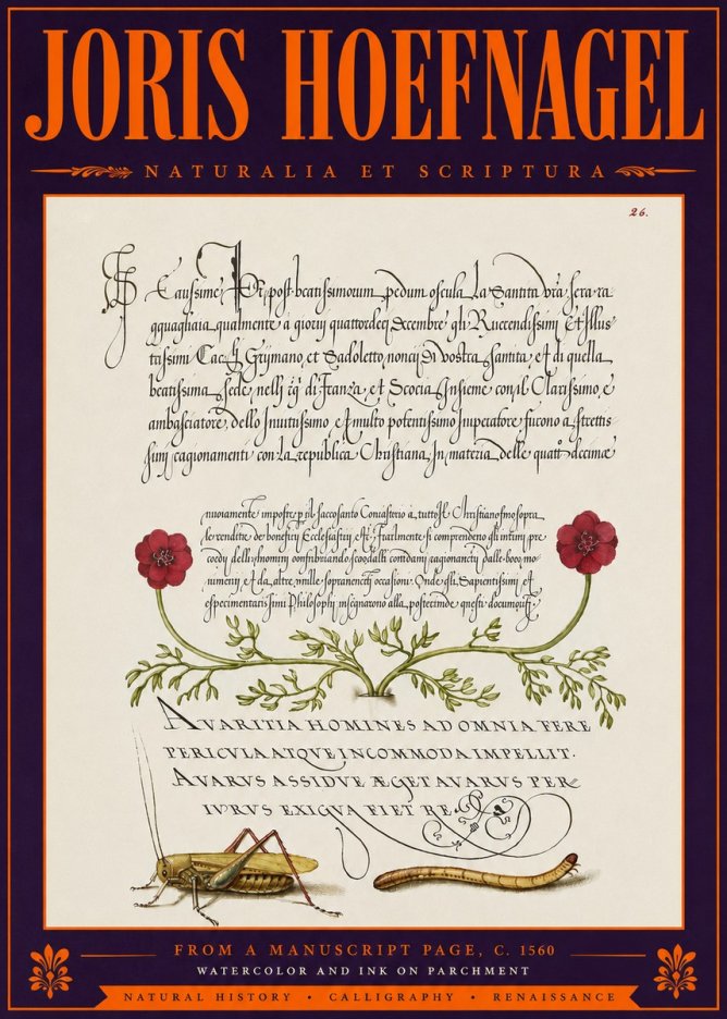 Joris Hoefnagel Illuminated Page with Flowers, Insects & Latin Script No6 - Poszter