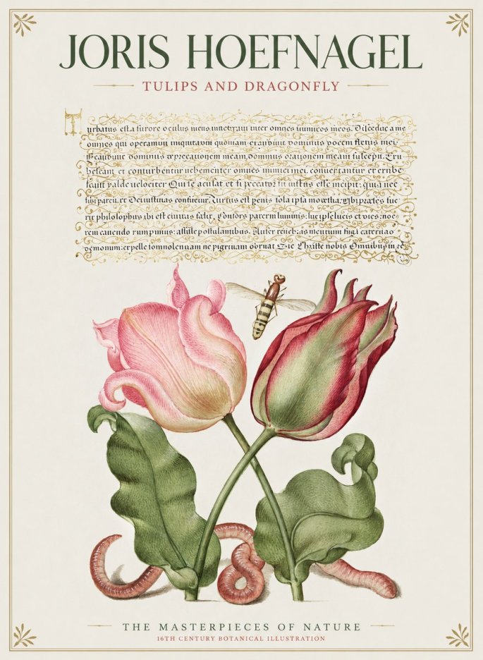 Joris Hoefnagel Two Tulips with Caterpillars and Dragonfly No2 - Poszter