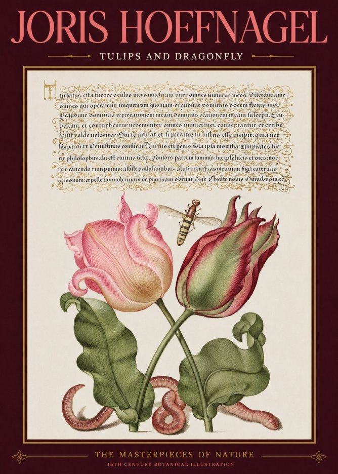 Joris Hoefnagel Two Tulips with Caterpillars and Dragonfly No3 - Poszter