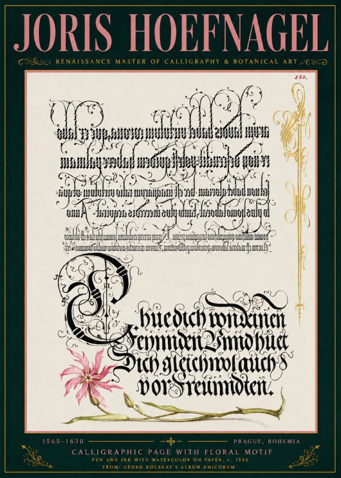 Joris Hoefnagel Calligraphy with Floral Ornament No6 - Poszter