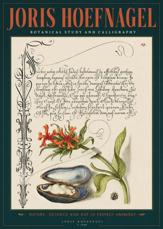 Joris Hoefnagel Botanical Study and Calligraphic Page No2 - Poszter
