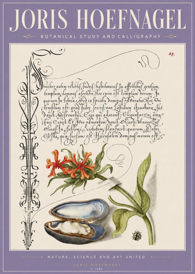Joris Hoefnagel Botanical Study and Calligraphic Page No3 - Poszter