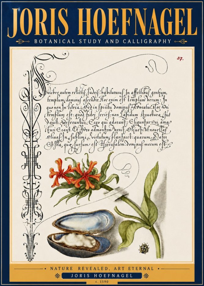 Joris Hoefnagel Botanical Study and Calligraphic Page No6 - Poszter