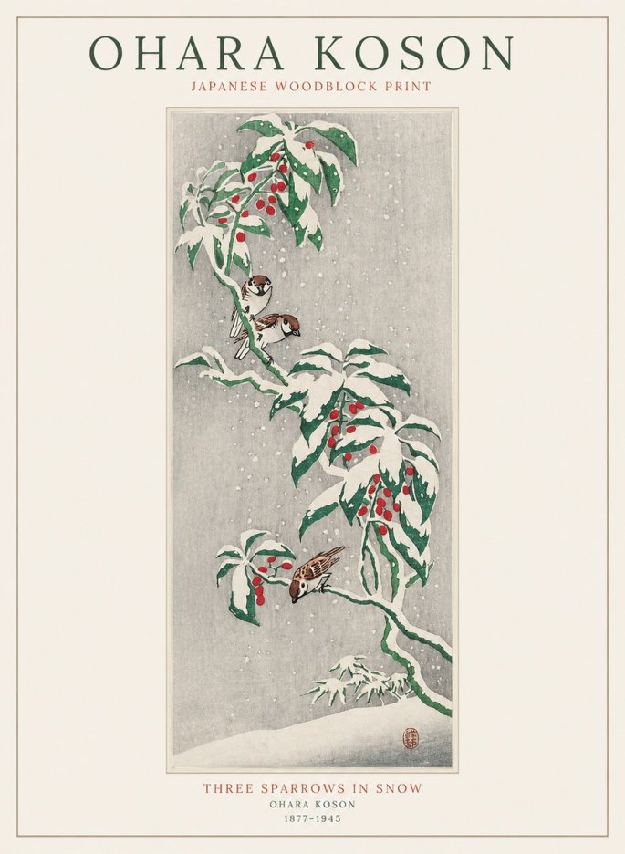 Ohara Koson Three Sparrows in Snow No1 - Poszter