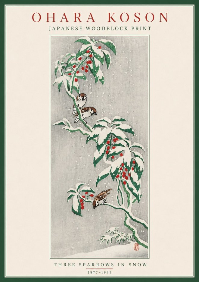 Ohara Koson Three Sparrows in Snow No5 - Poszter