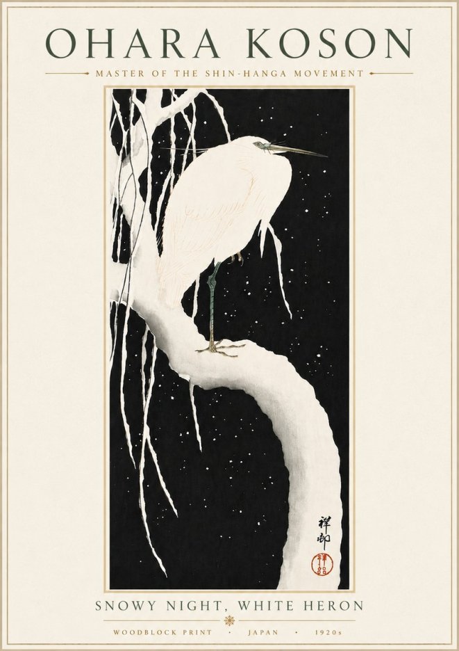Ohara Koson Snowy Night, White Heron No6 - Poszter