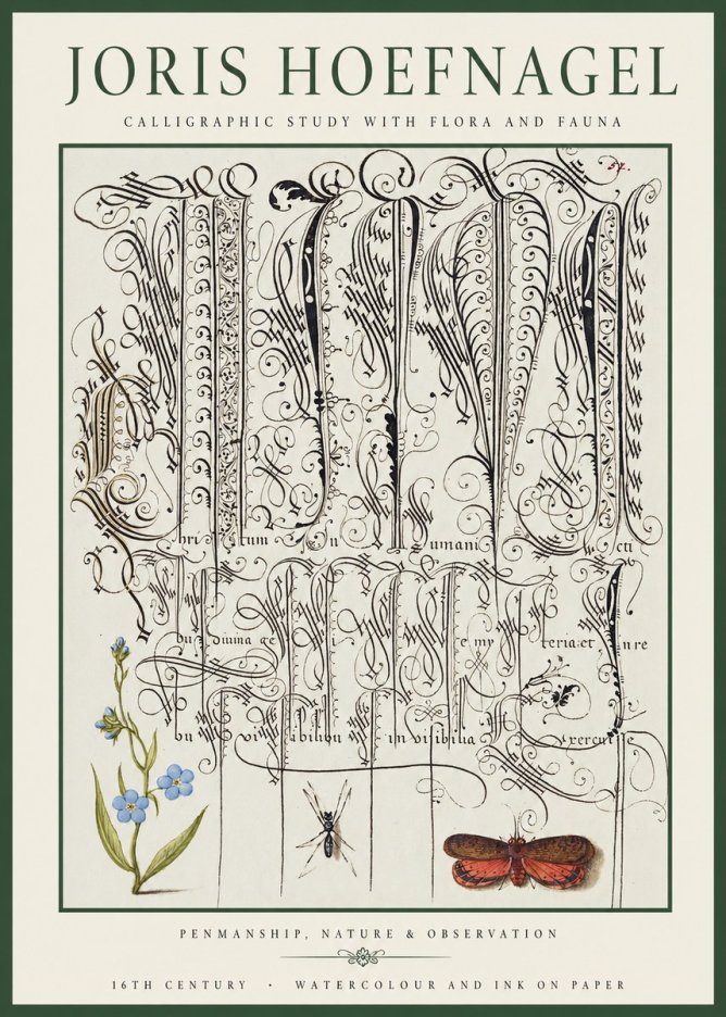 Joris Hoefnagel Calligraphic Study with Flora and Fauna No1 - Poszter