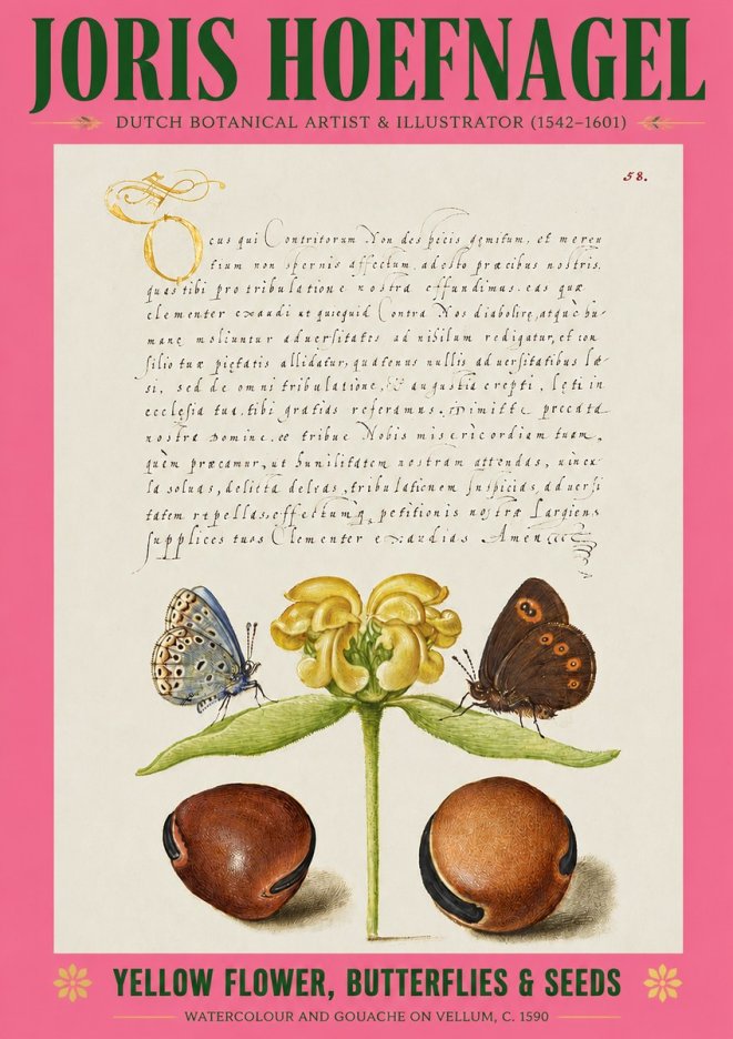 Joris Hoefnagel Yellow Flower, Butterflies & Seeds No2 - Poszter