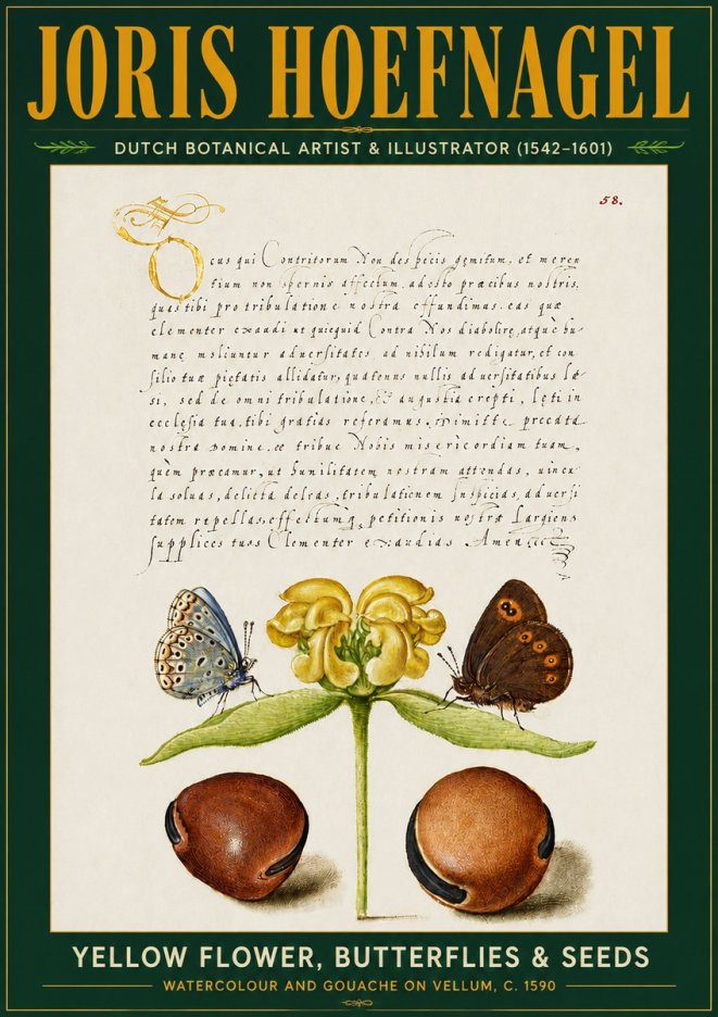 Joris Hoefnagel Yellow Flower, Butterflies & Seeds No5 - Poszter