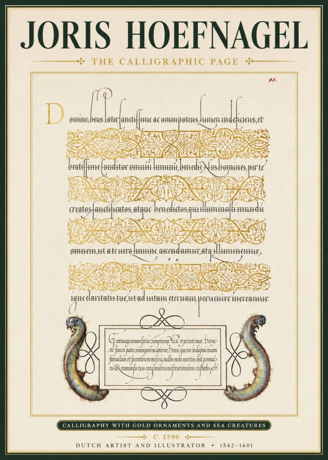 Joris Hoefnagel Calligraphic Page with Gold Ornaments and Sea Creatures No3 - Poszter