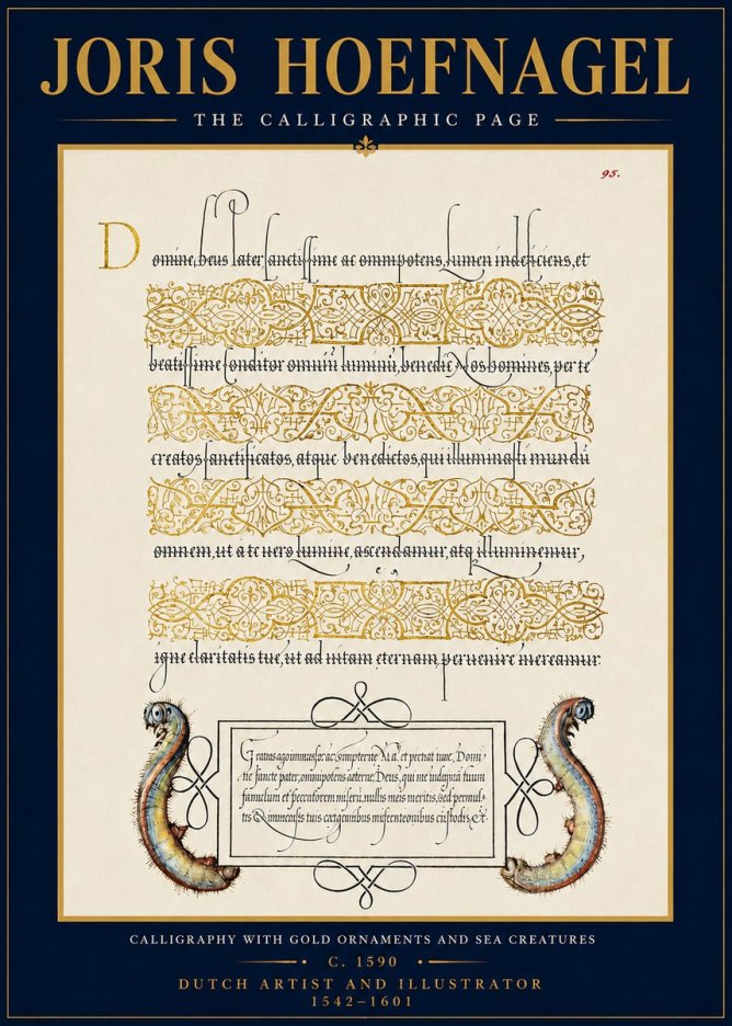 Joris Hoefnagel Calligraphic Page with Gold Ornaments and Sea Creatures No4 - Poszter