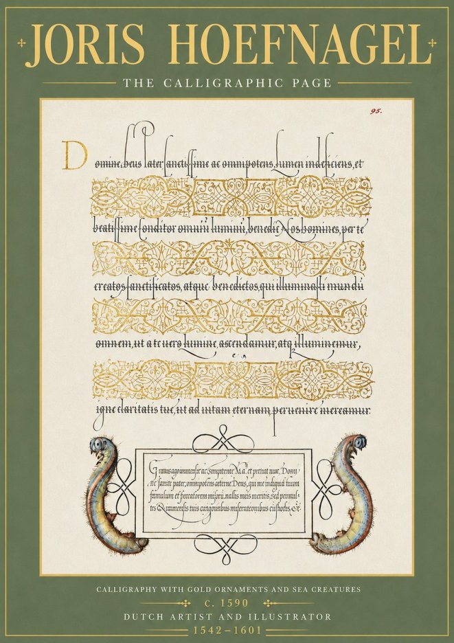 Joris Hoefnagel Calligraphic Page with Gold Ornaments and Sea Creatures No5 - Poszter