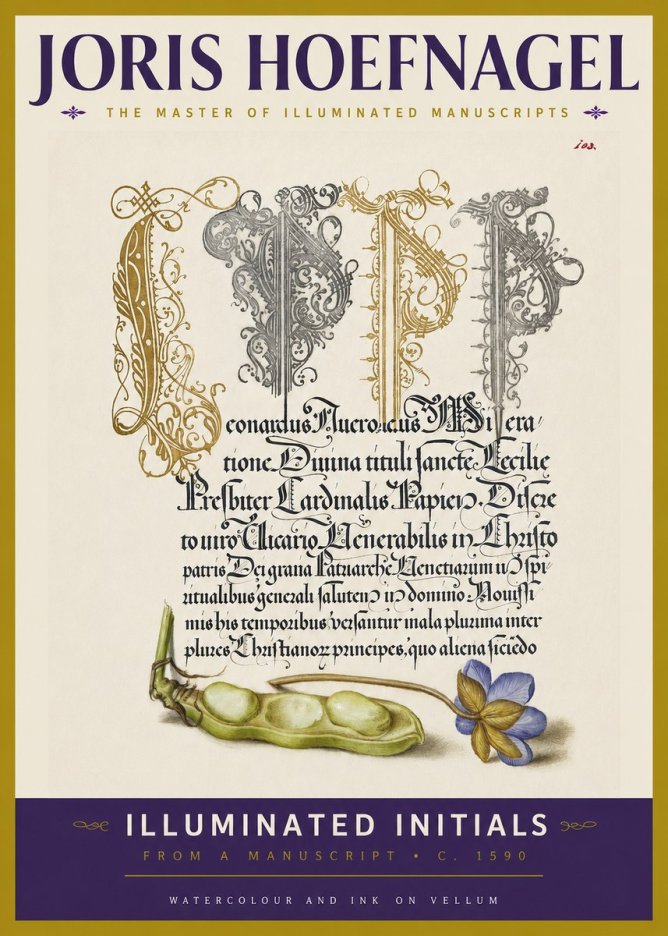 Joris Hoefnagel Illuminated Initials with Peapod and Flower No3 - Poszter