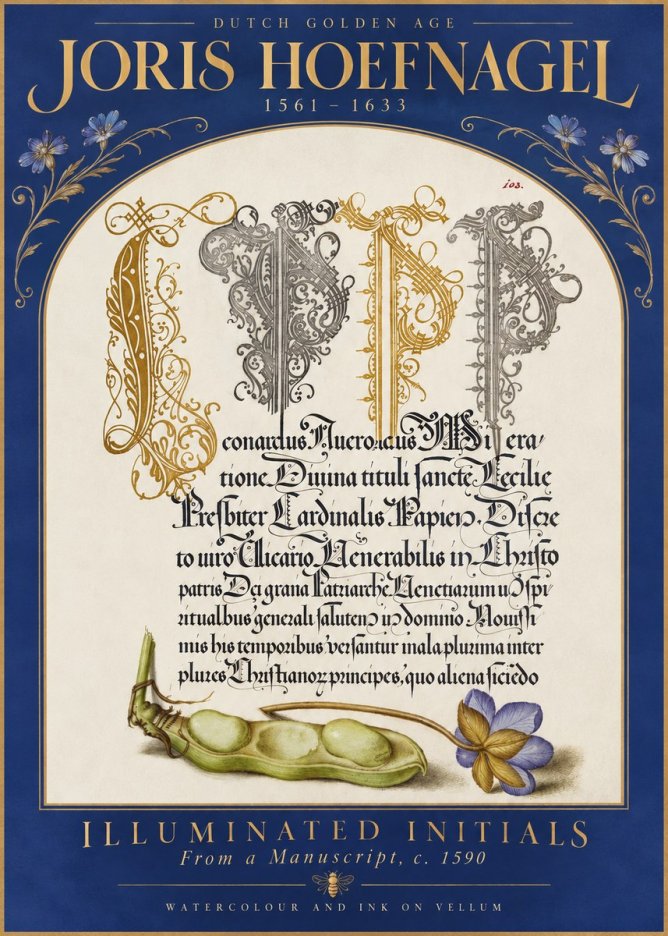 Joris Hoefnagel Illuminated Initials with Peapod and Flower No5 - Poszter