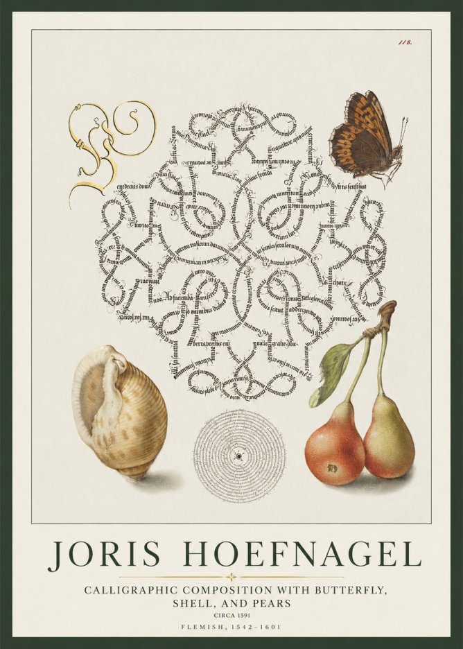 Joris Hoefnagel Calligraphic Composition with Butterfly, Shell, and Pears No1 - Poszter