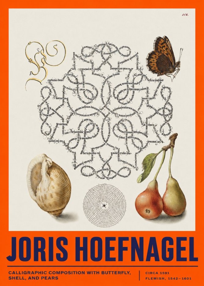 Joris Hoefnagel Calligraphic Composition with Butterfly, Shell, and Pears No2 - Poszter