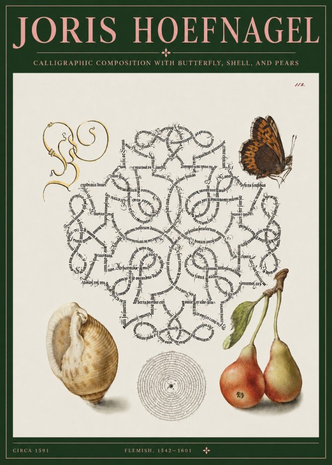 Joris Hoefnagel Calligraphic Composition with Butterfly, Shell, and Pears No3 - Poszter