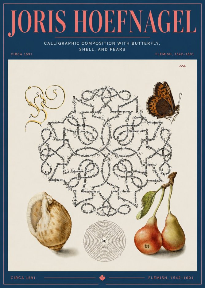 Joris Hoefnagel Calligraphic Composition with Butterfly, Shell, and Pears No4 - Poszter