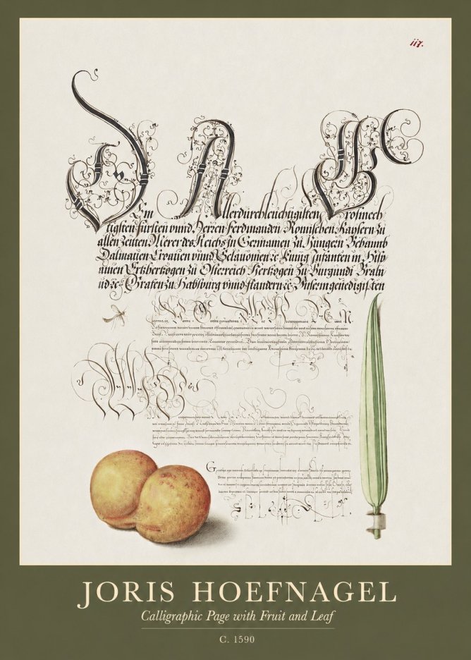 Joris Hoefnagel Calligraphic Page with Fruit and Leaf No1 - Poszter