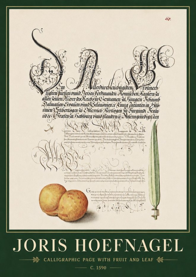 Joris Hoefnagel Calligraphic Page with Fruit and Leaf No3 - Poszter