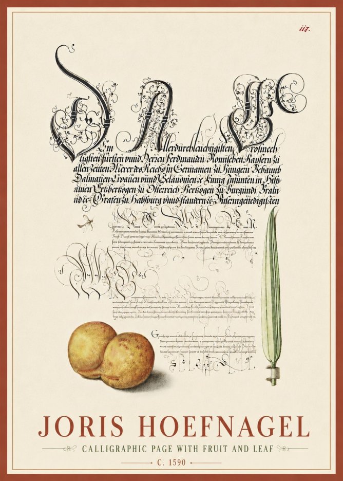Joris Hoefnagel Calligraphic Page with Fruit and Leaf No6 - Poszter