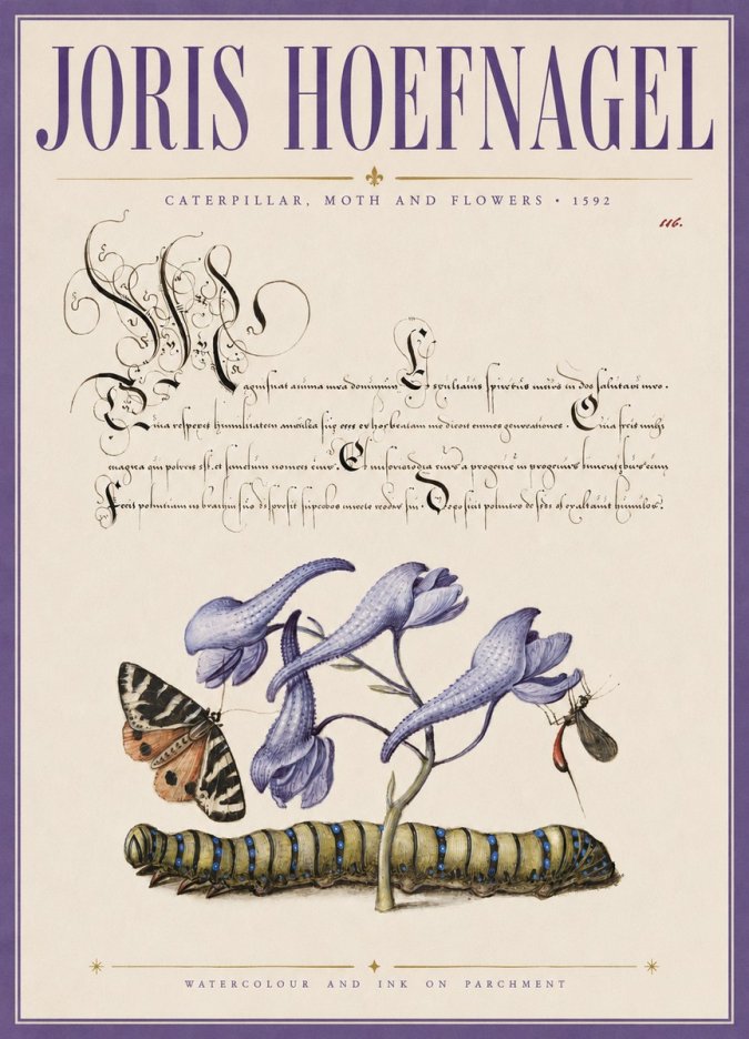 Joris Hoefnagel Caterpillar, Moth and Flowers No3 - Poszter