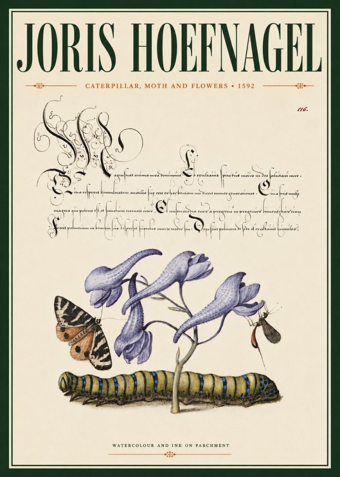 Joris Hoefnagel Caterpillar, Moth and Flowers No4 - Poszter