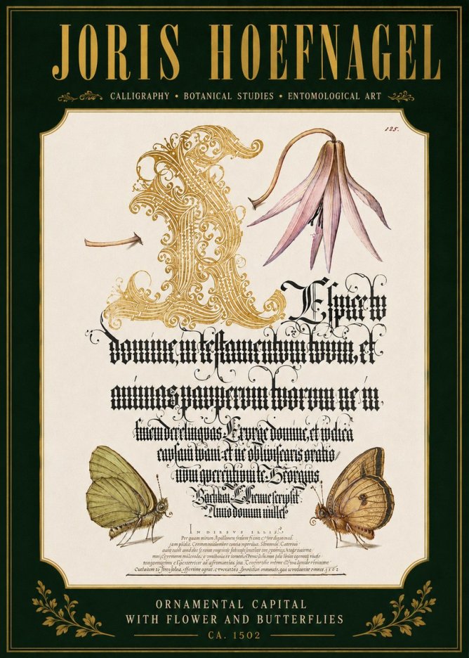 Joris Hoefnagel Ornamental Capital with Flower and Butterflies No4 - Poszter