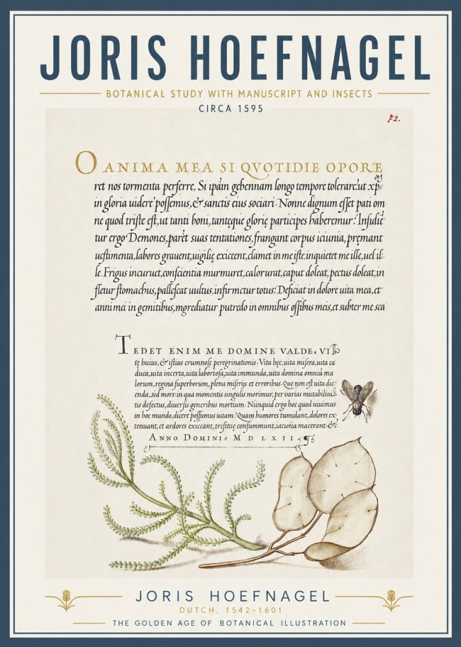 Joris Hoefnagel Botanical Study with Manuscript and Insects No5 - Poszter
