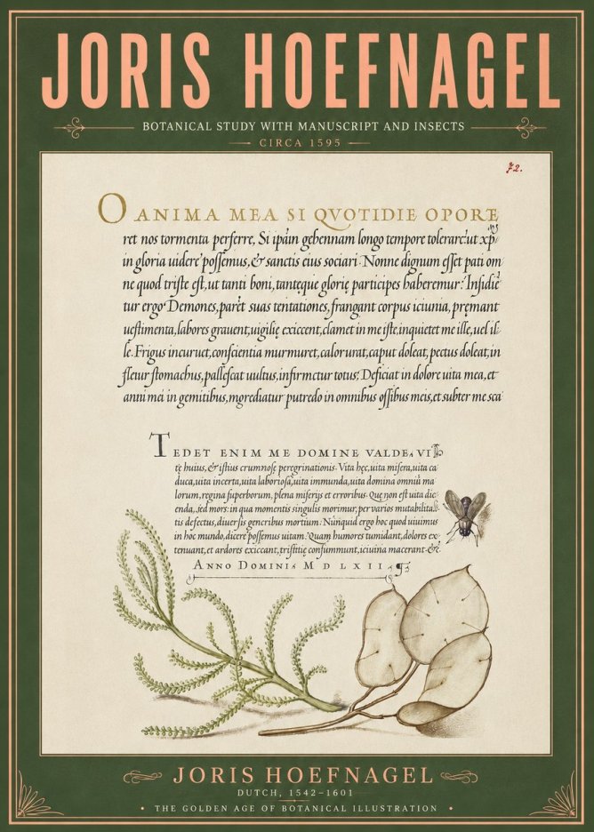 Joris Hoefnagel Botanical Study with Manuscript and Insects No6 - Poszter