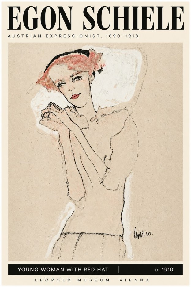 Schiele Young Woman with Red Hat No3 - Poszter