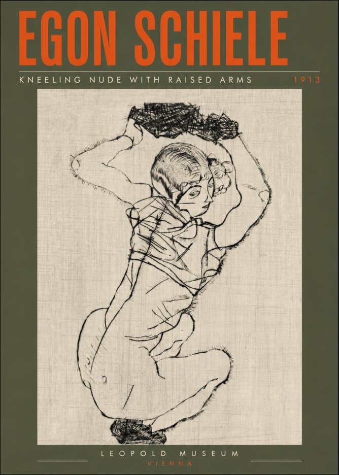 Schiele Kneeling Nude with Raised Arms No6 - Poszter