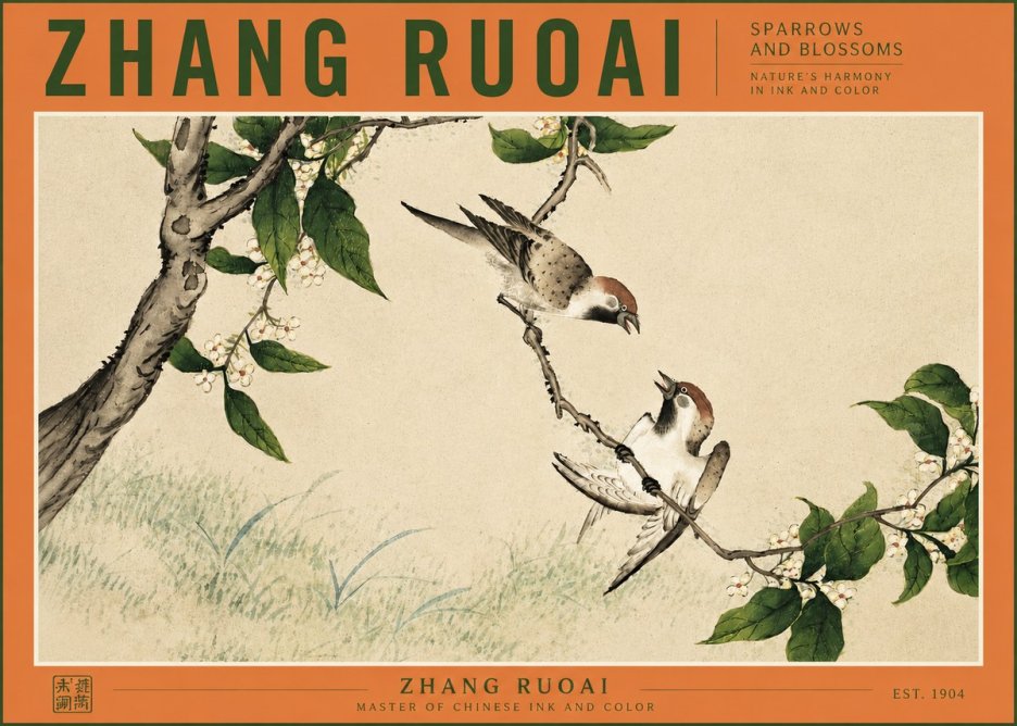 Zhang Ruoai Sparrows and Blossoms No3 - Poszter