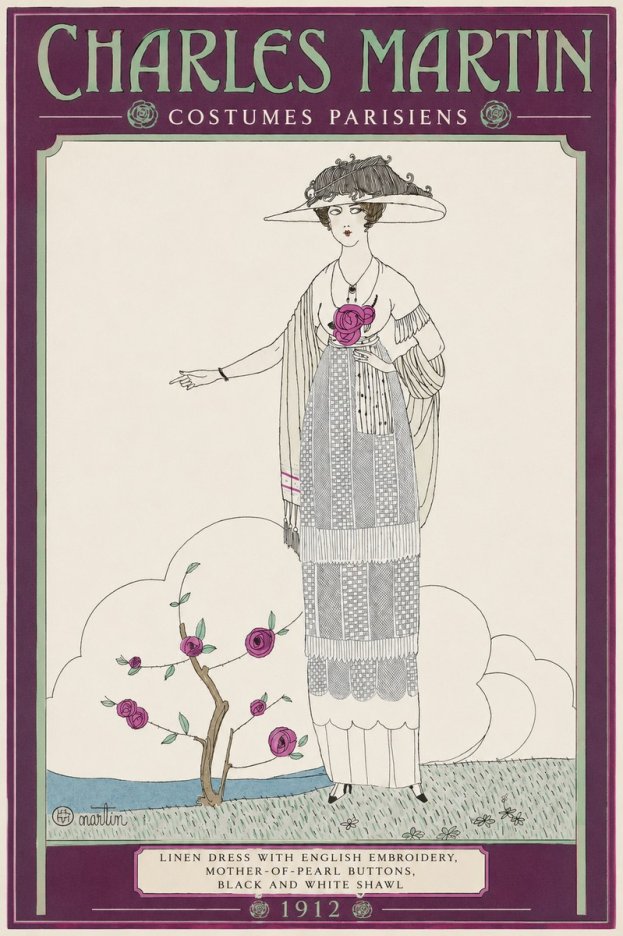 Charles Martin Linen Dress with English Embroidery, Mother-of-pearl Buttons, Black and White Shawl No2 - Poszter