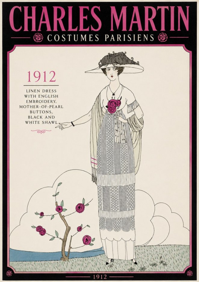 Charles Martin Linen Dress with English Embroidery, Mother-of-pearl Buttons, Black and White Shawl No3 - Poszter
