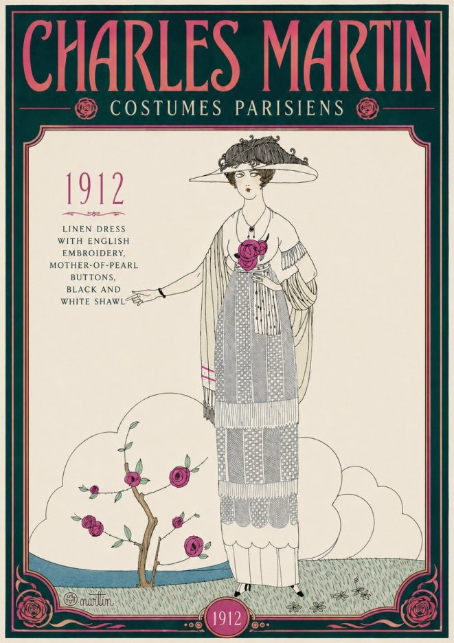 Charles Martin Linen Dress with English Embroidery, Mother-of-pearl Buttons, Black and White Shawl No4 - Poszter
