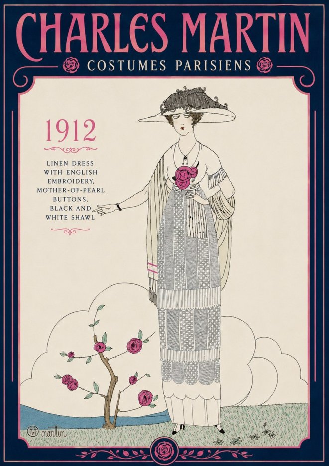 Charles Martin Linen Dress with English Embroidery, Mother-of-pearl Buttons, Black and White Shawl No5 - Poszter