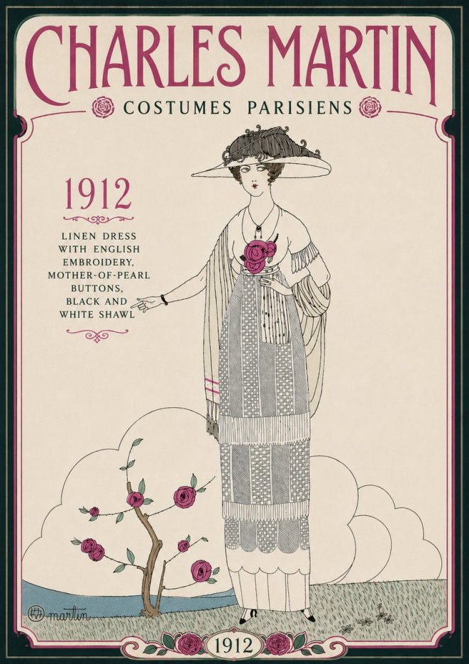 Charles Martin Linen Dress with English Embroidery, Mother-of-pearl Buttons, Black and White Shawl No6 - Poszter