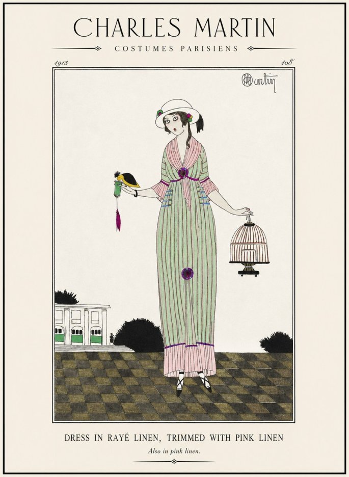Charles Martin Dress in Rayé Linen, Trimmed with Pink Linen No1 - Poszter
