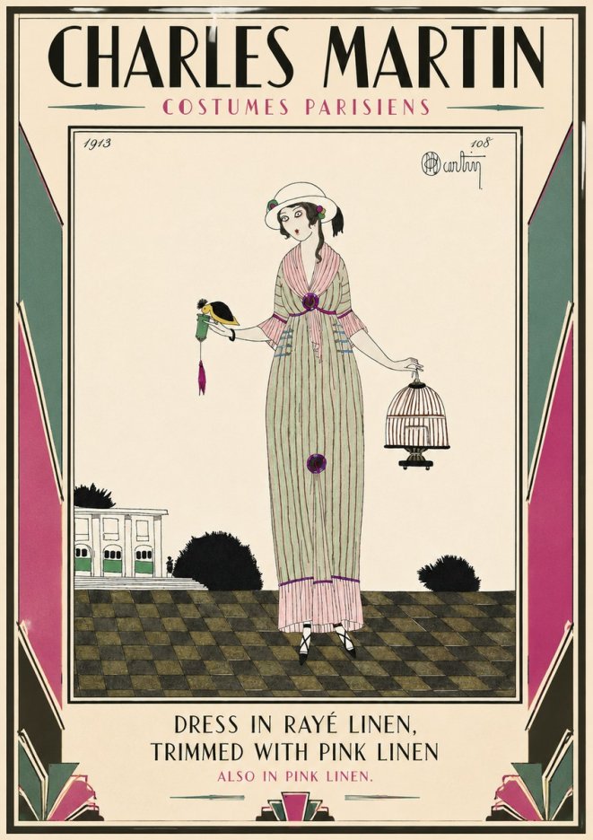 Charles Martin Dress in Rayé Linen, Trimmed with Pink Linen No3 - Poszter