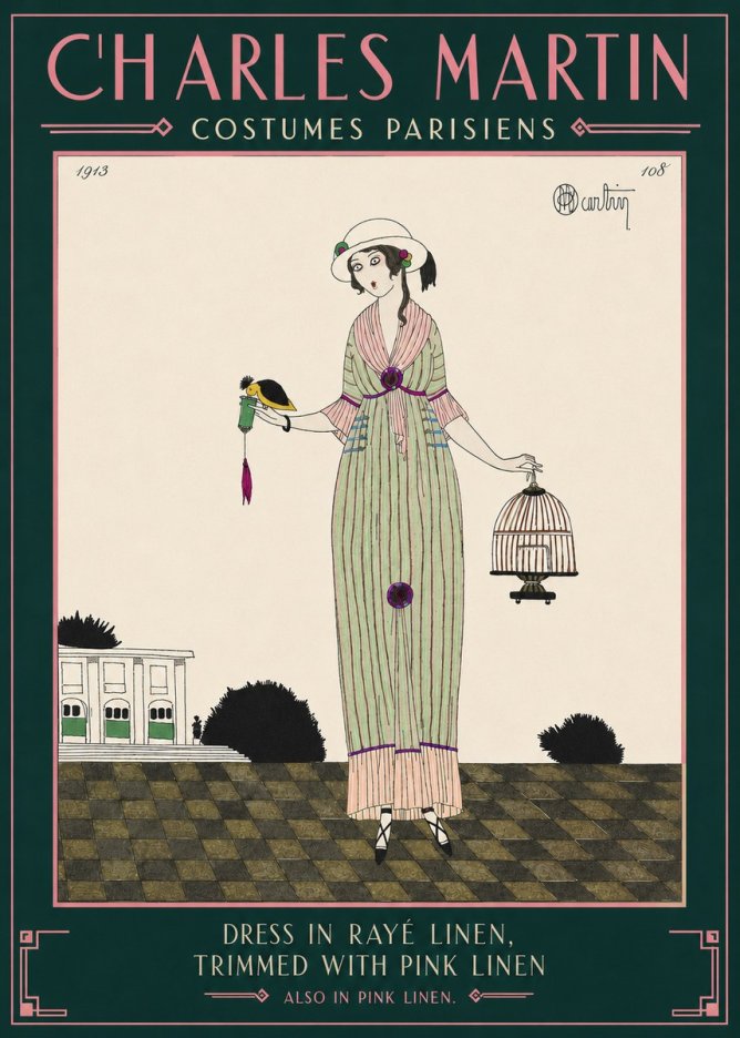 Charles Martin Dress in Rayé Linen, Trimmed with Pink Linen No4 - Poszter