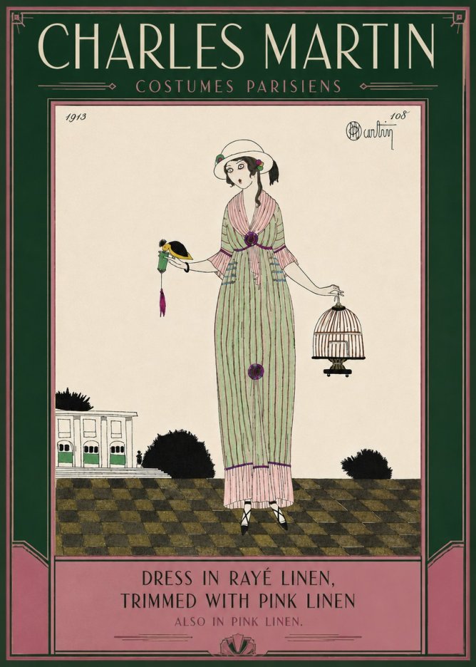 Charles Martin Dress in Rayé Linen, Trimmed with Pink Linen No6 - Poszter