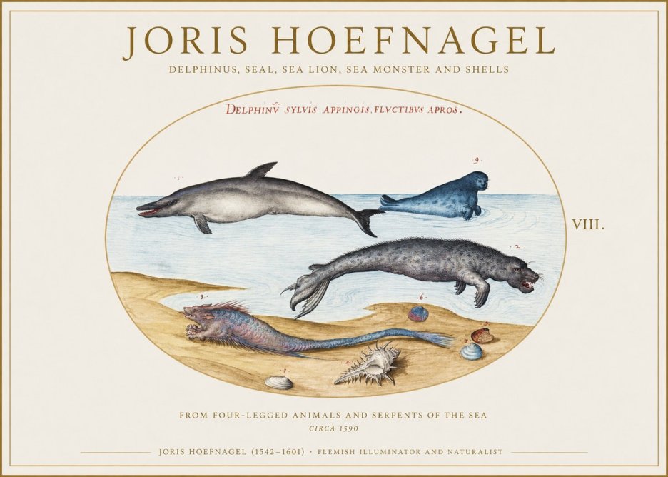 Joris Hoefnagel Delphinus, Seal, Sea Lion, Sea Monster and Shells No1 - Poszter