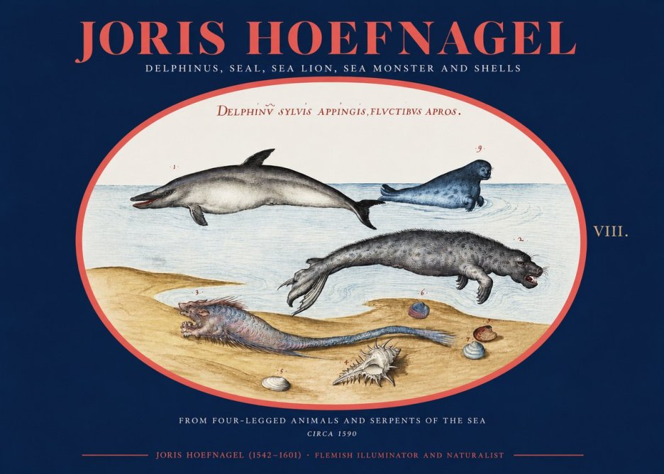 Joris Hoefnagel Delphinus, Seal, Sea Lion, Sea Monster and Shells No2 - Poszter