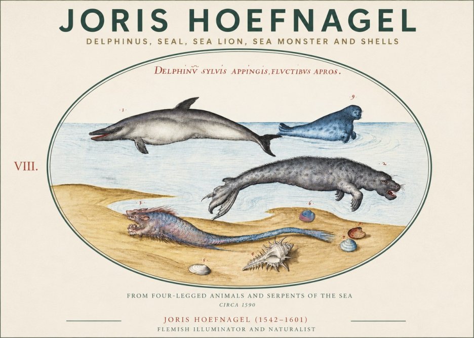 Joris Hoefnagel Delphinus, Seal, Sea Lion, Sea Monster and Shells No3 - Poszter