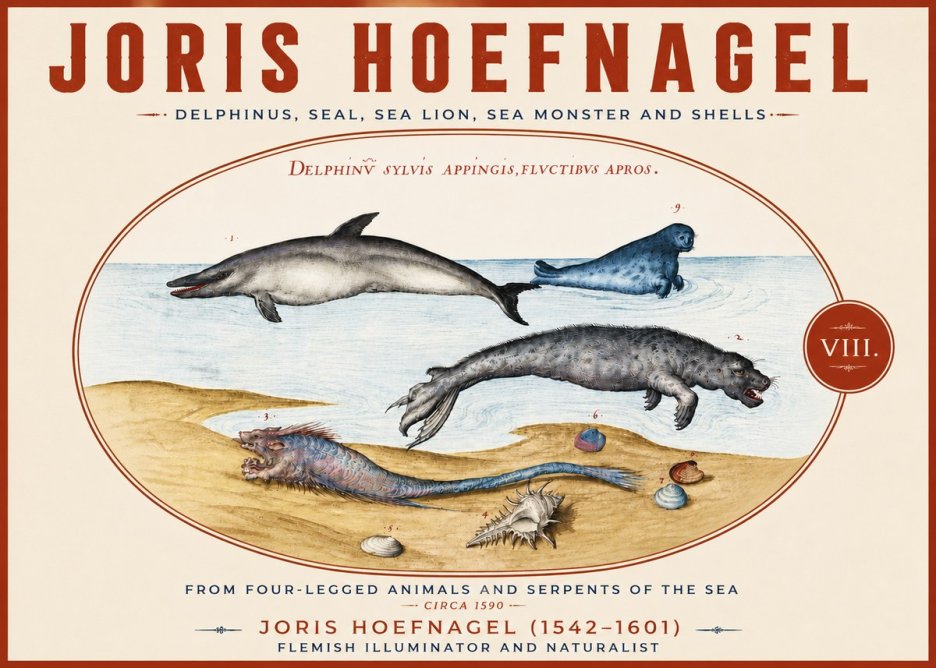 Joris Hoefnagel Delphinus, Seal, Sea Lion, Sea Monster and Shells No5 - Poszter